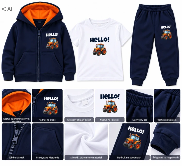 dres chłopięcy komplet dresowy 3-częściowy Traktor 122/128- 7/8 lat TL5037A