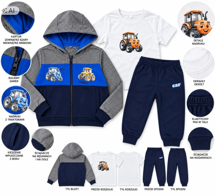 dres chłopięcy komplet dresowy 3-częściowy Traktor 104/110-4/5 lat TL5036C